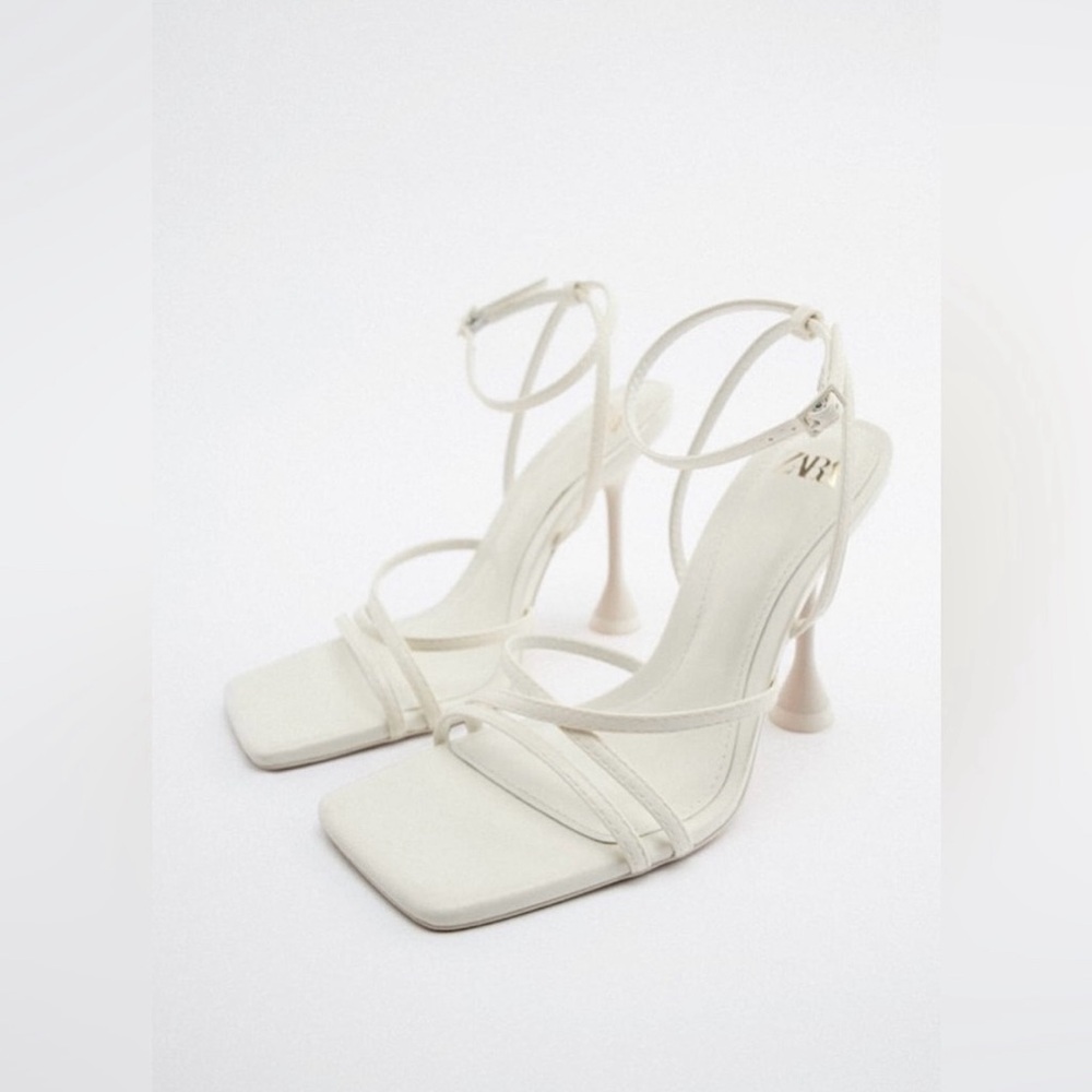 Zara white strappy square toe heels